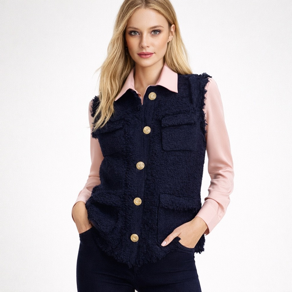Zara Black Fringed Vest with Gold Buttons, tweed weave, pockets, size S